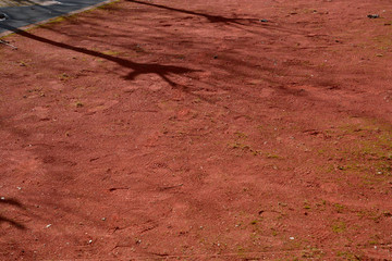dirty traditional boules court made of red sand, soiled and unkempt bocce court in the spring with long shadows of trees and many footprints in the red sand