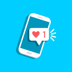 Mobile phone with push notification isolated on background. Cellphone with heart. Like, social media concept. Vector flat illustration