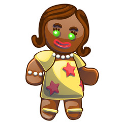 Gingerbread man decorated colored icing isolated on white background. Holiday cookie in shape of girl. Vector cartoon close-up illustration.
