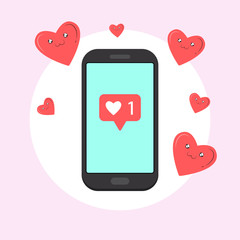 Mobile phone with push notification isolated on background. Cellphone with heart. Like, social media concept. Vector flat illustration