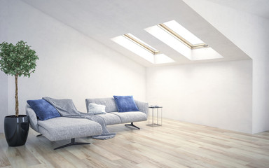 White living room interior with roof slope