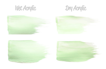 Vector green paint smear stroke stain set. Abstract acrylic textured art illustration. Acrylic Texture Paint Stain Illustration. Hand drawn brush strokes vector elements. Spring and summer colors.