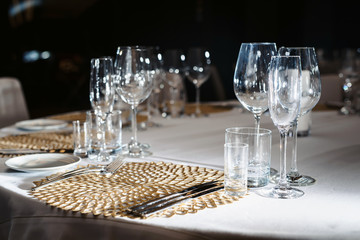 Valentines day or wedding meal background. Romantic holiday table setting. Restaurant concept. Flat lay