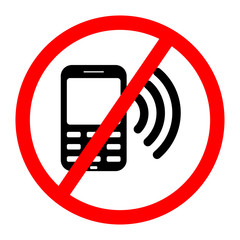 Mobile phone with forbidden sign isolated on white background. No cellphone call zone. Smartphone technology. Digital device icon. Vector flat design
