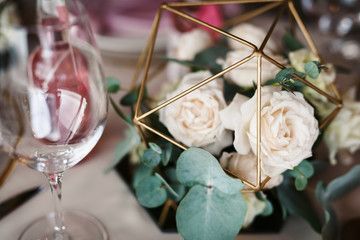 Valentines day or wedding meal background. Romantic holiday table setting. Restaurant concept. Flat...