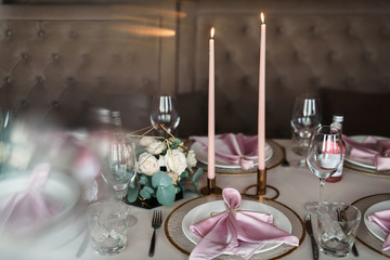 Valentines day or wedding meal background. Romantic holiday table setting. Restaurant concept. Flat lay