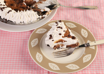 Eating a slice of Turtle Pie - a  creamy chocolate and caramel mixture with nuts