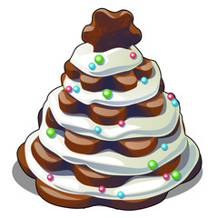 Festive layered biscuit cake covered with whipped cream in form of Christmas tree. Sketch for greeting card, festive poster, party invitation. Pastry isolated. Attribute Christmas and New year. Vector