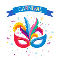Obraz premium Carnival mask with feathers, flags, confetti. Venice festival concept. Mardi gras. Vector cartoon design