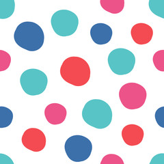 Geometrical background with uneven circles. Abstract round seamless pattern. Hand drawn colorful dots pattern on white background. Vector illustration.