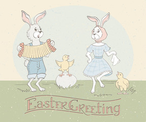 Holiday greeting card with hand lettering and cute Easter rabbits dancing to the accordion and singing chickens. Happy Easter Greeting