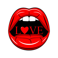 Red sexy lips isolated on background. Open mouth with tongue, teeth. Love concept. Happy Valentine day. Vector comic design