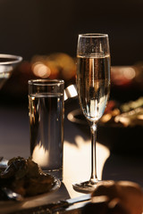 Glasses with champagne or wine at the event. Catering concept