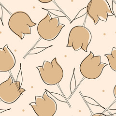 jauntily cute line art coffee vanilla color tulips seamless pattern use for flower shops, festivals template,web site, wrapping paper,textile,fabric,printing etc.