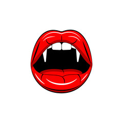 Vampire teeth isolated on white background. Sexy lips, kiss. Red mouth. Vector cartoon design