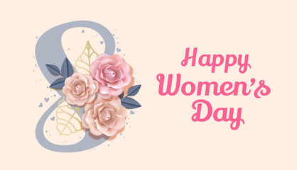 Happy International Women's Day Vector Banner, flyer for March 8 decorating by paper roses and hand drawn lettering. Congratulating and wishing happy holiday card for newsletter, brochures, postcards