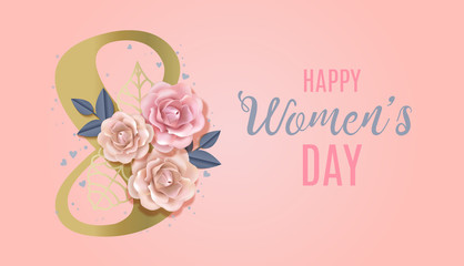 Happy International Women's Day Vector Banner, flyer for March 8 decorating by paper roses and hand drawn lettering. Congratulating and wishing happy holiday card for newsletter, brochures, postcards