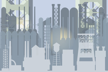 Abstract vector gray industrial background with factory silhouette and skyline illustrating heavy industry, metallurgy, mines, industrial revolution.
