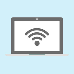 Laptop, computer with free WiFi icon isolated on background. Wireless internet connection concept. Network logo. Mobile device. Vector flat design.