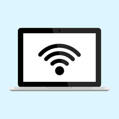 Laptop, computer with free WiFi icon isolated on background. Wireless internet connection concept. Network logo. Mobile device. Vector flat design.