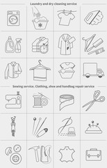 Big set of vector linear icons, labels, logos. Dry cleaning laundry and cloth washing, sewing, clothing repair service