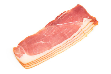 Sliced Dry Spanish ham, Jamon Serrano, Bellota, Italian Parma Prosciutto Crudo, isolated on white background. Close-up