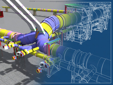 Building Information Model of metal structures of the gas pipeline. 3D BIM model. The building is of steel columns, beams, connections, tubing, etc. 3D rendering. BIM background.