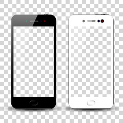 Black and white smartphone with flash on the screen and shadow on an isolated background. Mock up of phone with blank  screen. Isolated Vector Illustration