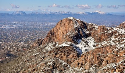 Snow in the Catalina Mountains, looking down on Tucson, Arizona.