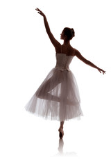 woman ballerina in white long skirt posing on white background photo made in the style of 