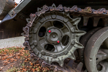 LJUBLJANA, SLOVENIA - NOVEMBER 27, 2011: T-55 tank caterpillar leading gear. Shot take in Tivoli Park, Ljubljana, Slovenia.