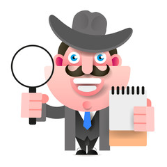 Detective Holding A Magnifying Glass. Vector Illustration
