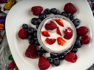 Yogurt with strawberries and blueberries