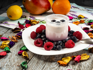 Yogurt with strawberries and blueberries