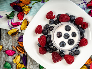 Yogurt with strawberries and blueberries