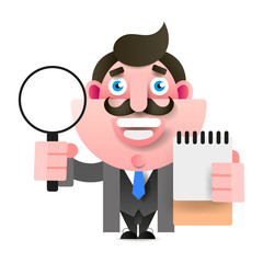 Detective Holding A Magnifying Glass. Vector Illustration