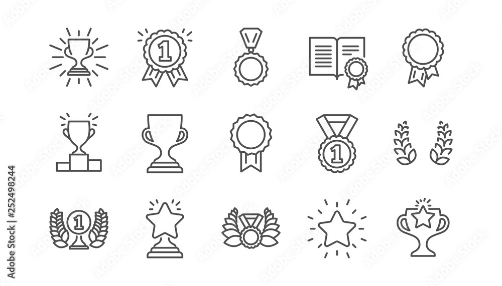 Wall mural Award line icons. Winner medal, Victory cup and Trophy reward. Achievement linear icon set.  Vector