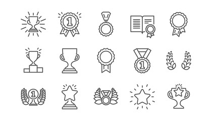 Award line icons. Winner medal, Victory cup and Trophy reward. Achievement linear icon set.  Vector - obrazy, fototapety, plakaty