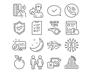 Set of Approved message, Restroom and Tutorials icons. Roller coaster, Contactless payment and Airplane signs. Checkbox, Interview and Internet report symbols. Accepted chat, Wc toilet, Quick tips