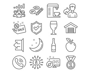 Set of Coffee machine, Beer glass and Sign out icons. Parking garage, Sale and Best rank signs. Teamwork results, Keywords and Beer symbols. Cappuccino machine, Brewery beverage, Logout. Vector