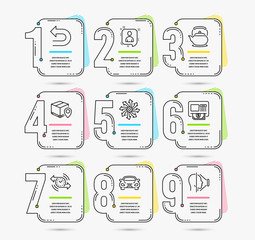 Infographic template with numbers 9 options. Set of Undo, Atm and Parcel tracking icons. Versatile, Teapot and Developers chat signs. Car, Timer and Face id symbols. Vector