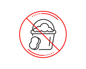 No or stop sign. Cleaning bucket with sponge line icon. Washing Housekeeping equipment sign. Caution prohibited ban stop symbol. No  icon design.  Vector