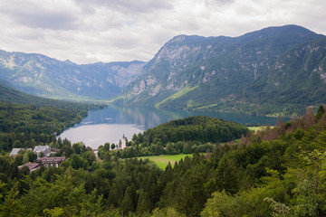 Fototapeta na wymiar Panoramic view of Lake Bohinj in Bohinj, Slovenia
