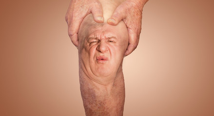 Senior man holding the knee with pain. Collage. Concept of abstract pain and despair.