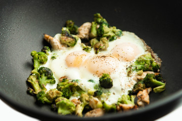 Fried eggs with broccoli and chicken meat. Healthy breakfast
