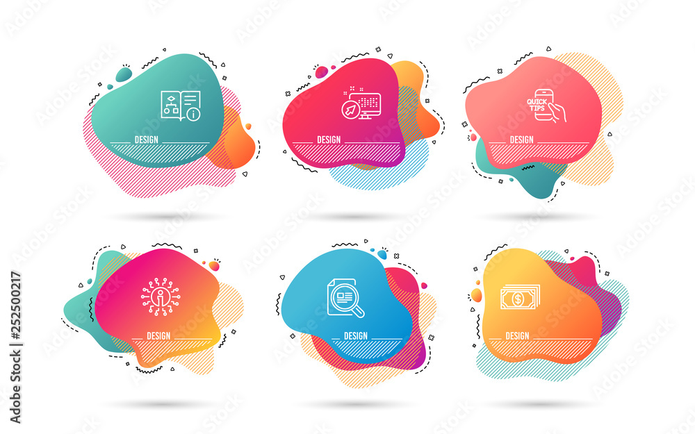 Poster dynamic liquid shapes. set of check article, technical algorithm and payment icons. education sign. 