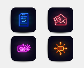 Neon glow lights. Set of Send mail, Education idea and Report document icons. Sms sign. Sent message, Quick tips, Statistics file. Conversation.  Neon icons. Glowing light banners. Vector