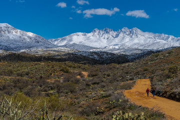 The desert road to the snow covered mountains