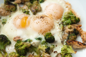 Fried eggs with broccoli and chicken meat. Healthy breakfast.