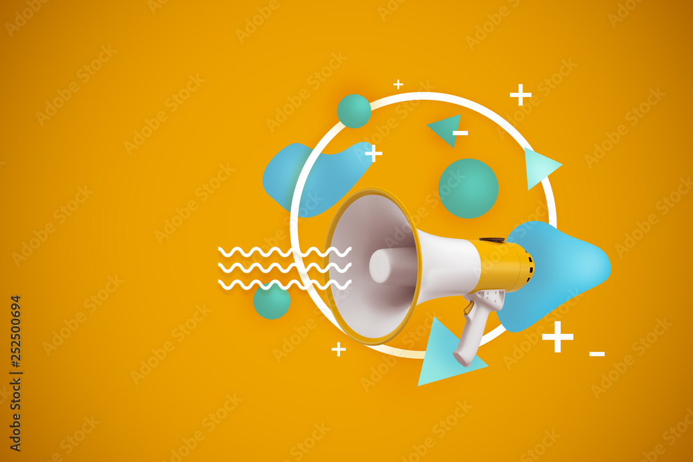 Poster 3d rendering of megaphone on yellow background with abstract objects